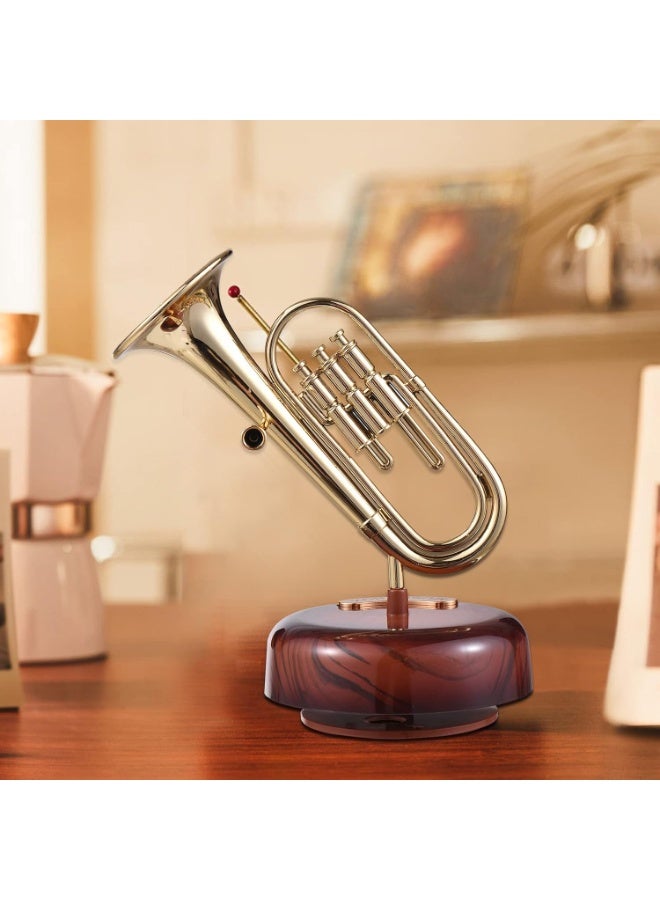 صندوق موسيقي يعمل بالزنبرك، صندوق موسيقي على شكل بوق، صندوق موسيقي كلاسيكي يعمل بالزنبرك، صندوق موسيقي دوار، قاعدة دوارة، آلة نفخ نحاسية، نسخة مصغرة، هدية فنية لعيد الميلاد، عيد الميلاد، عيد الحب، عيد الأم - Image 1